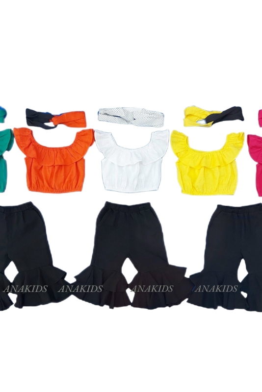 Bộ Áo Rớt Vai + Quần 2 Bèo + Băng Đô