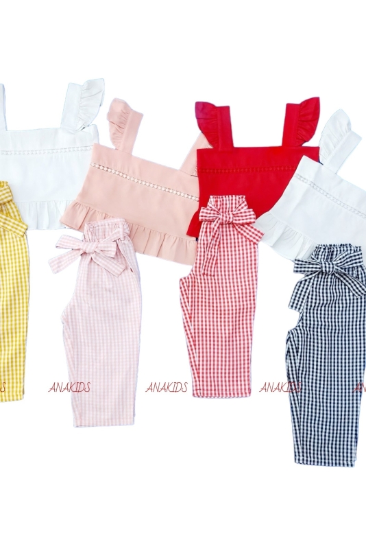Bộ Áo 2 Dây Tiên Ren Giữa + Quần Dài Caro Cột Nơ 
