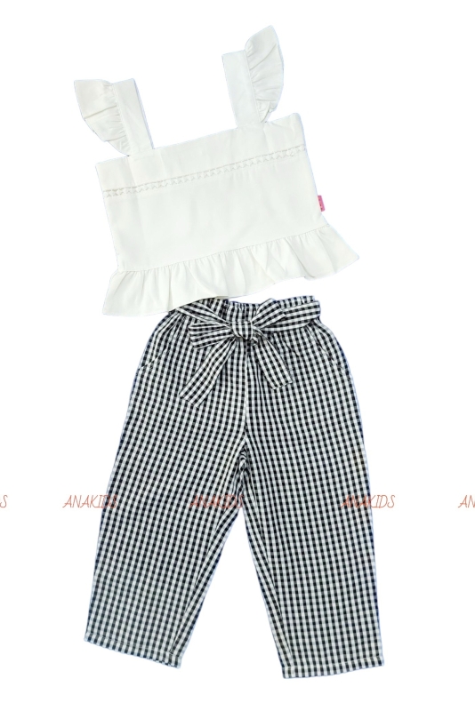 Bộ Áo 2 Dây Tiên Ren Giữa + Quần Dài Caro Cột Nơ 