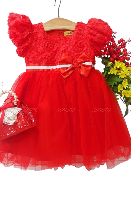 Đầm Voan Tay Phồng Bèo 1 Nơ 