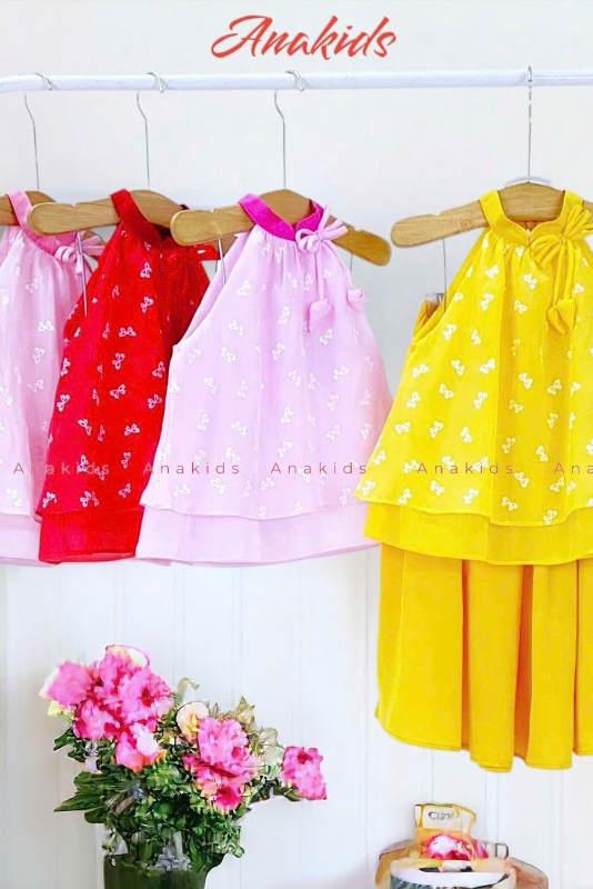 Bộ Váy Xòe Áo Yếm 2 Lớp Nơ Nụ 3 Vòng